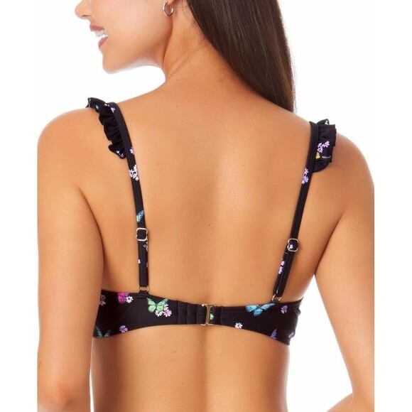 NWT California Waves Ruffle Bralette Bikini Top Juniors' M Black Print Back Hook - Picture 2 of 7